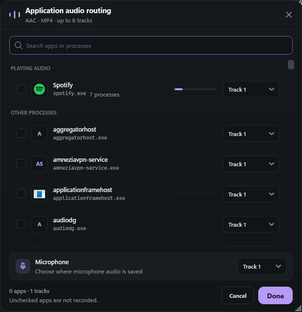 Captail application audio routing with Chrome, Discord, a game, Spotify, microphone, track assignments, search, and live level meters