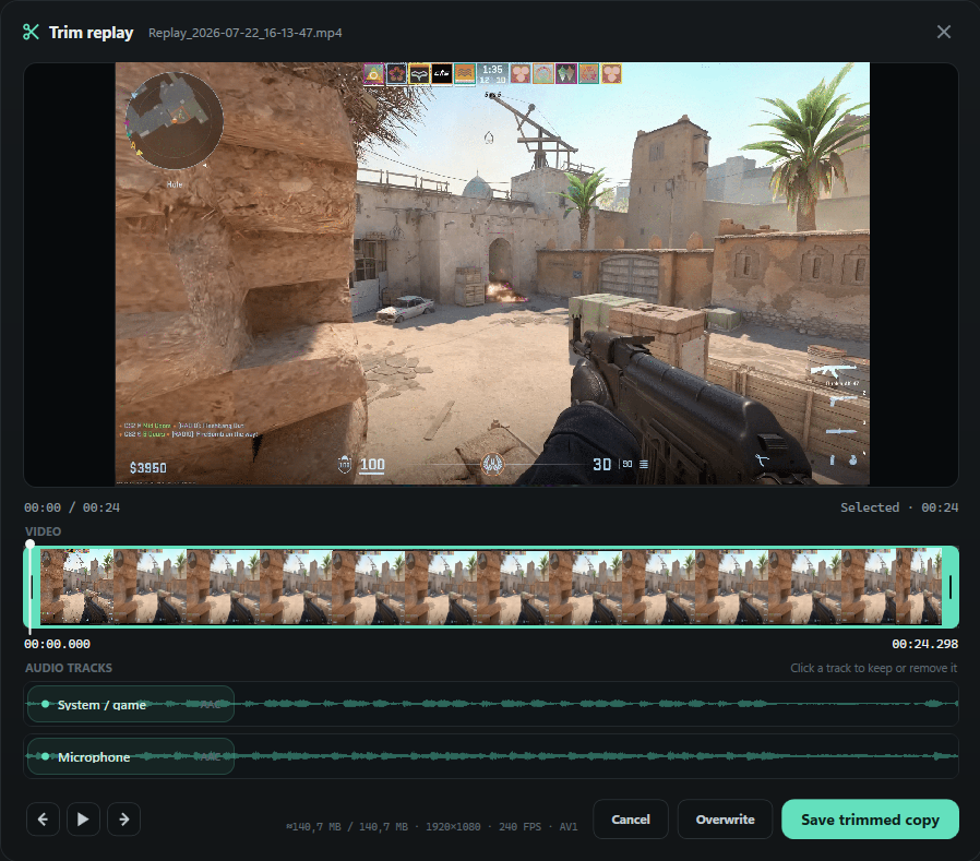 Captail clip editor showing game footage, trim handles, video thumbnails, and separate audio waveforms