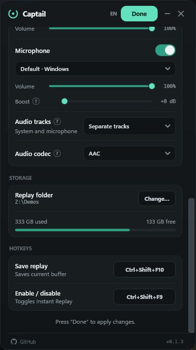 Captail audio, replay storage, and hotkey settings