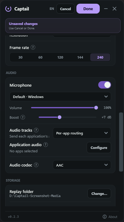 Captail 0.2.3 audio settings with system audio, microphone controls, and per-application routing