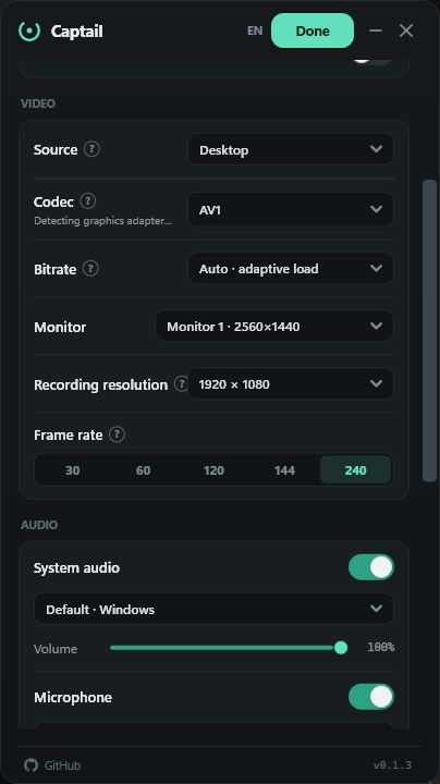 Captail video settings with Desktop source, AV1 codec, 1080p resolution, and 240 FPS selected