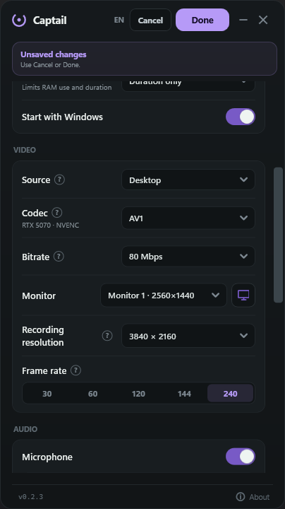Captail 0.2.3 video settings with Desktop source, hardware AV1, 4K resolution, and 240 FPS selected